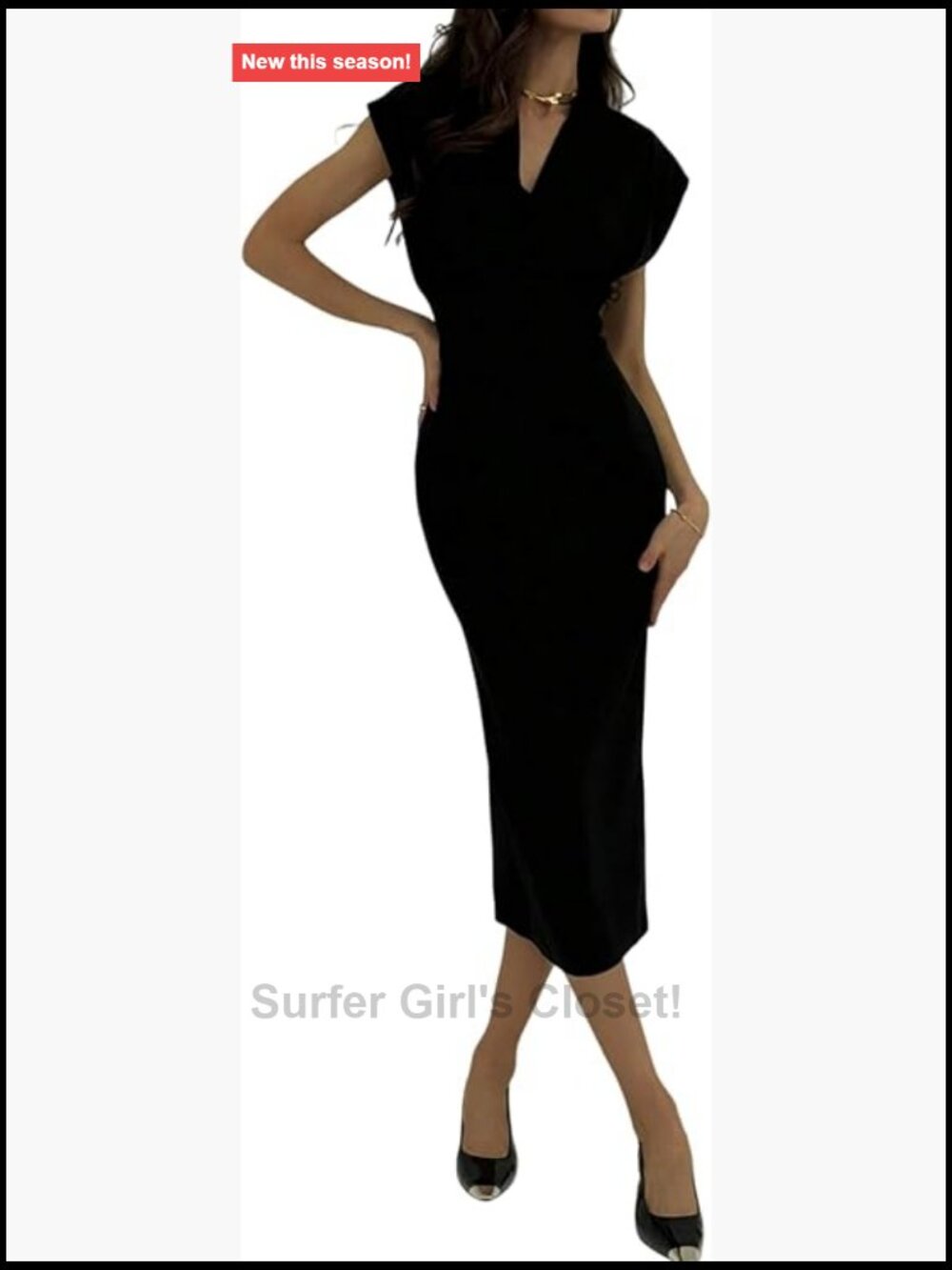 Women's Notched Neck Bodycon Midi Dress with Cap Sleeves - Stretchy Knit,